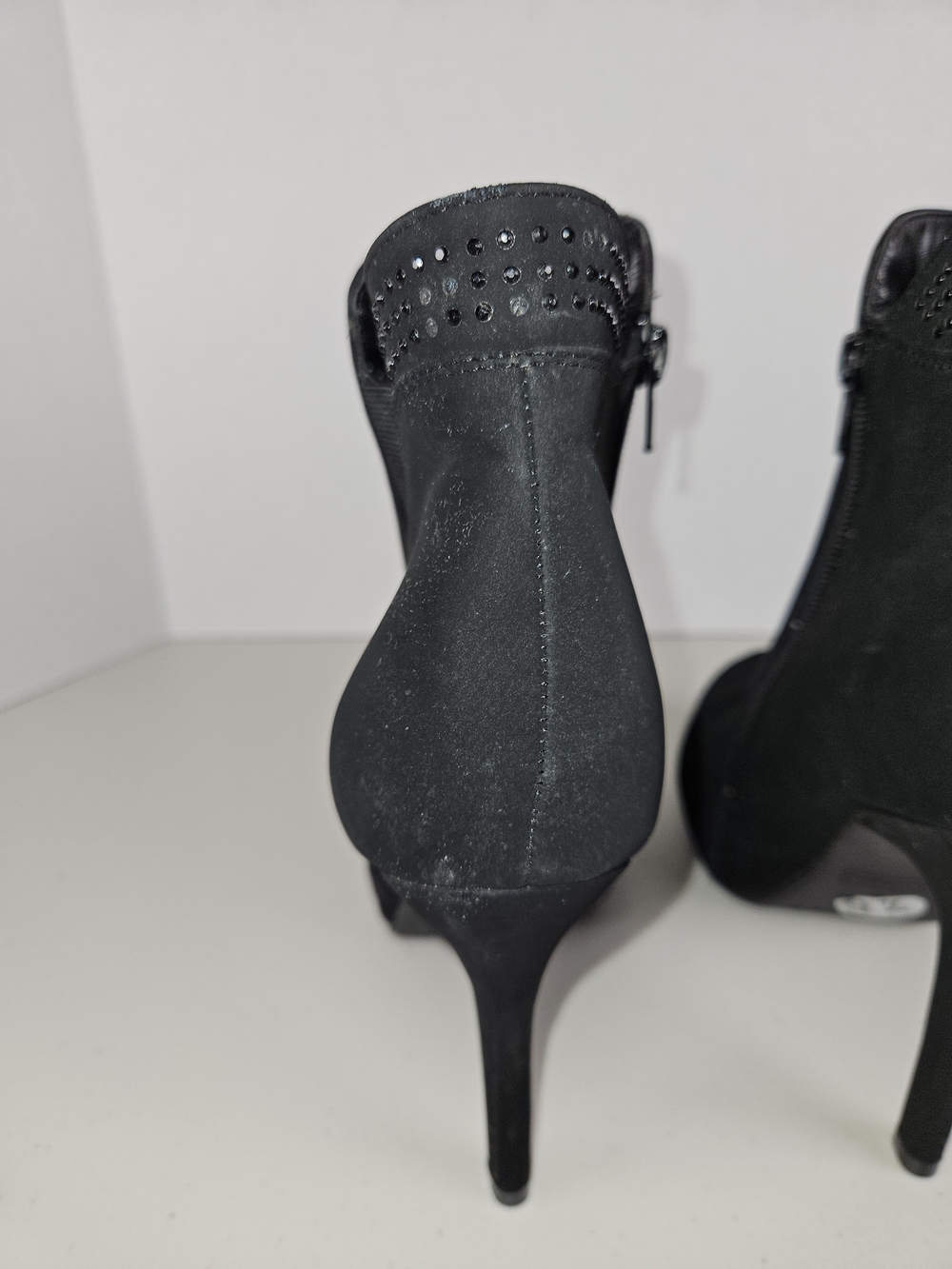 Black Suede High-Heel Ankle Booties with Studded Collar 9 1/2 M - Picture 7 of 16